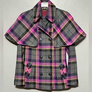 Ted Baker Cape-Style Wool Coat Double-Breasted Tartan Plaid Gray Pink Black Sz 4